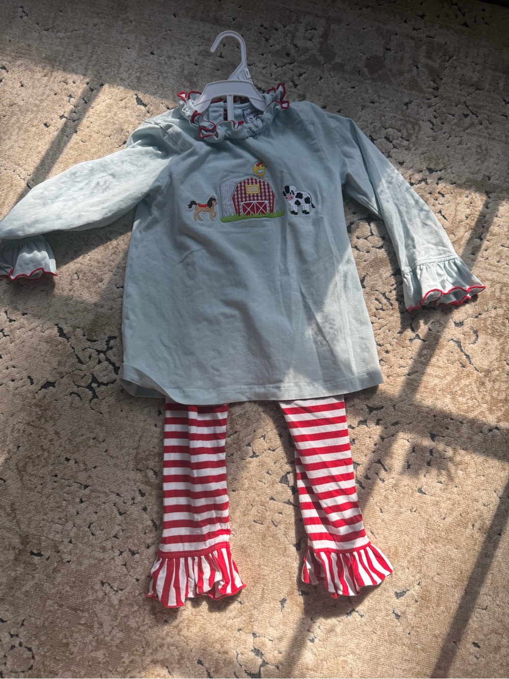 Light Blue Farm Applique Top with Red Stripe Ruffle Leggings - Kids
